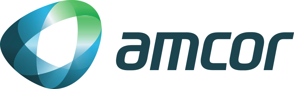 Amcor logo featuring blue and green circular design with company name in dark gray text