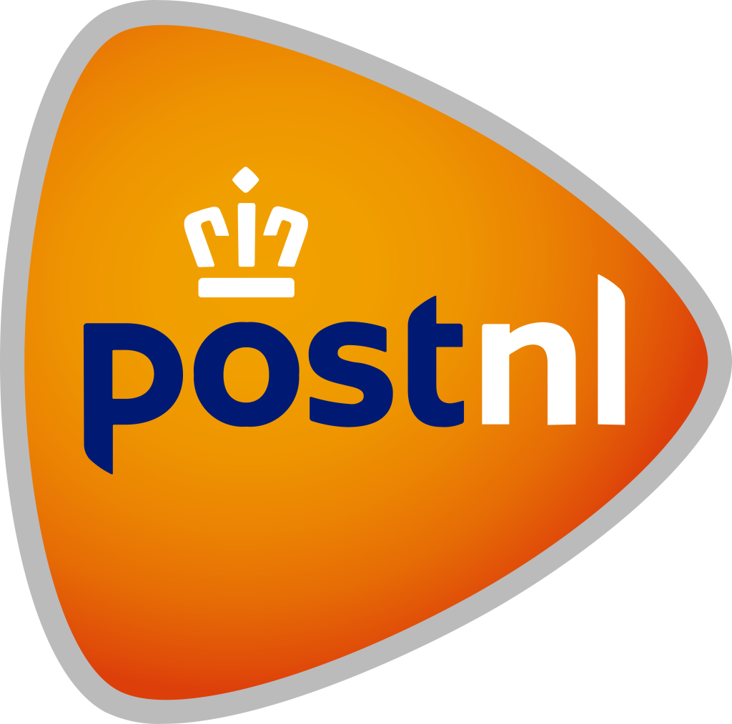 PostNL logo - orange triangular shape with white crown and blue and white text