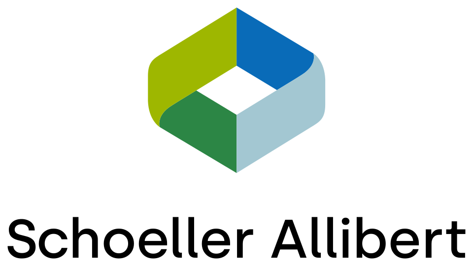 Schoeller Allibert logo featuring colorful 3D hexagonal cube design in green, blue and teal colors