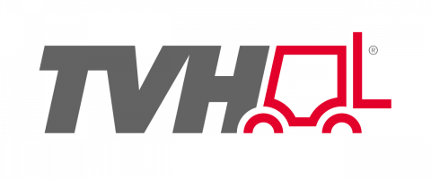 TVH logo featuring gray text and red forklift icon