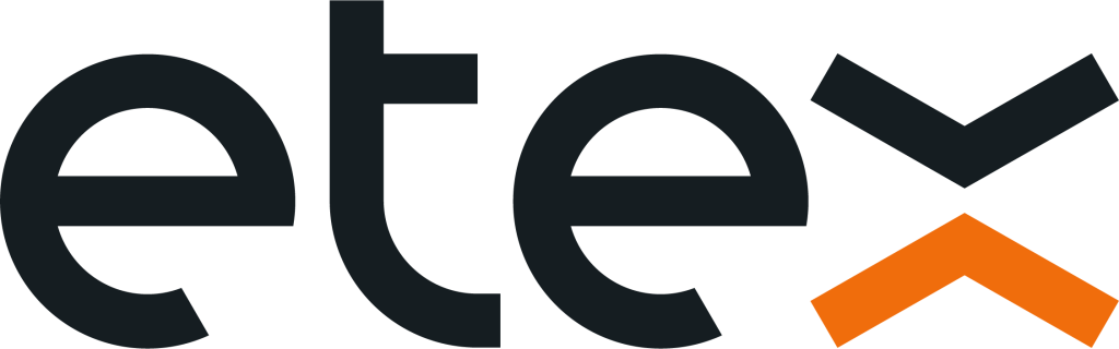 Etex logo with black lowercase letters and orange arrow symbol